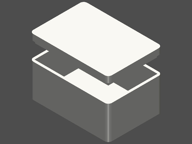 3D render of a two-piece rectangular box with filleted vertical edges and a snap-fit lid with alignment lip, light gray on dark background, approximately 64x44x46mm overall
