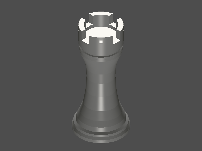 3D render of a chess rook with a stepped circular base, hourglass-tapered shaft, and crenellated crown with four battlements, light gray on dark background, approximately 30x30x64mm