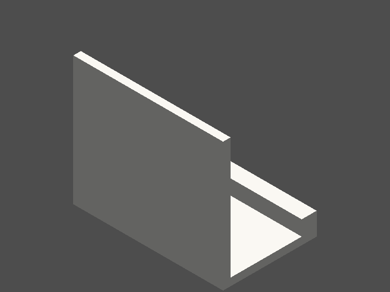 3D render of a phone stand with flat base, vertical back support, and small front lip, light gray on dark background, approximately 80x50x69mm