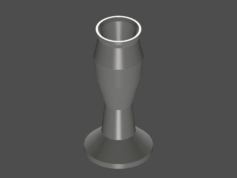 3D render of a hollow revolved vase with a wide base, narrow waist, flared body, and lipped rim, dark gray on dark background, approximately 60x60x128mm