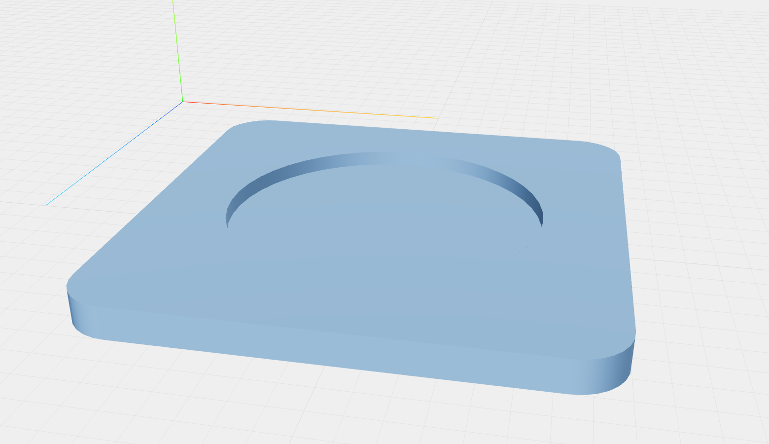 A 3D view of the finished coaster: a 60mm square plate 4mm thick, with rounded corners and a shallow circular dish in the top face