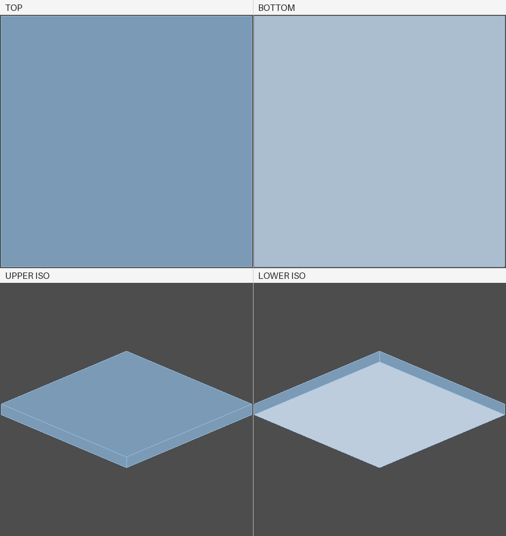 Four pane preview image produced by agentcad, panes labelled TOP, BOTTOM, UPPER ISO and LOWER ISO, showing a plain square slab from four angles