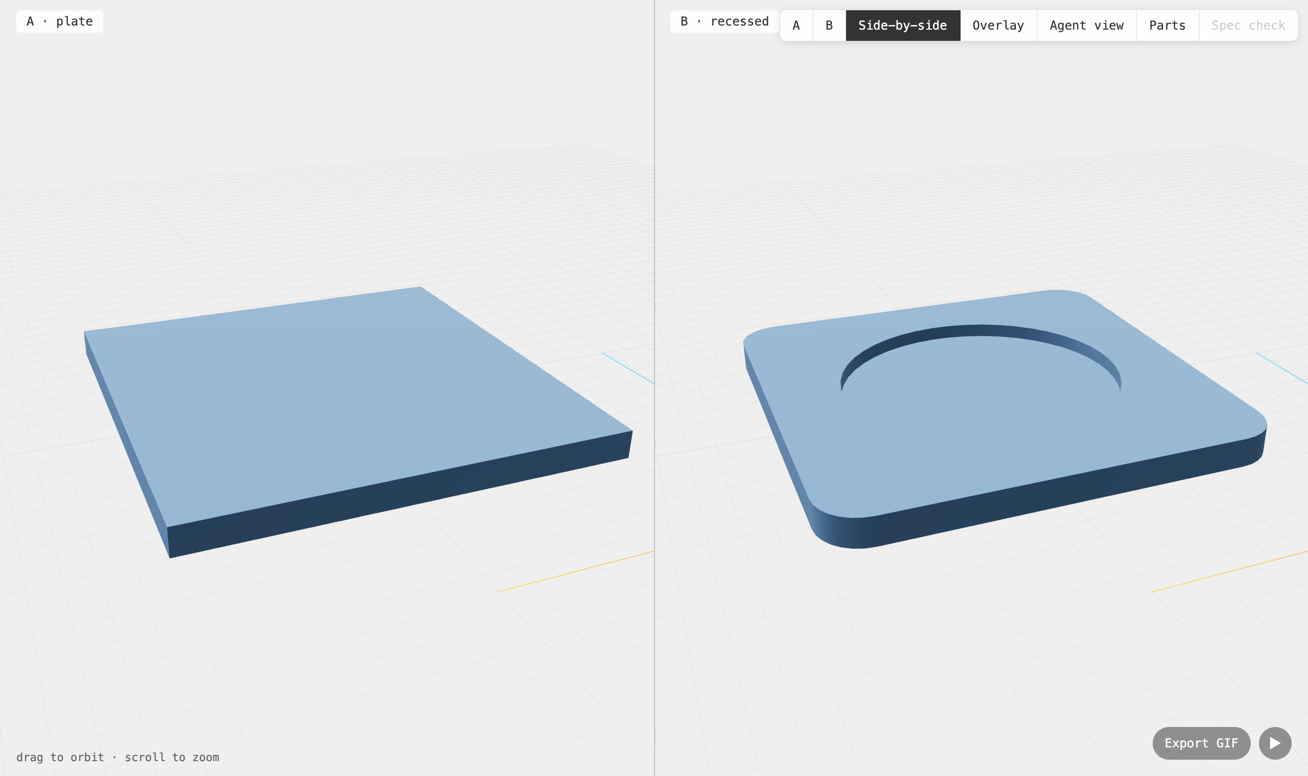 The agentcad review viewer with the plain slab labelled A on the left and the rounded, dished coaster labelled B on the right, with tabs for A, B, Side-by-side, Overlay, Agent view, Parts and Spec check