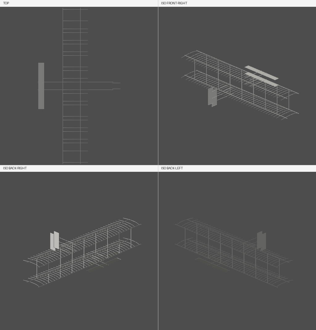 Agent view: four-pane preview rendered by agentcad on every successful run — TOP, ISO FRONT-RIGHT, ISO BACK-RIGHT, ISO BACK-LEFT — showing the airframe in wireframe from four angles