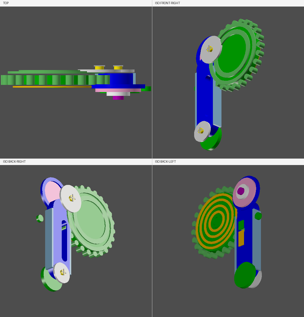 Four-view preview of the rebuilt toy CAD assembly with visible colored parts