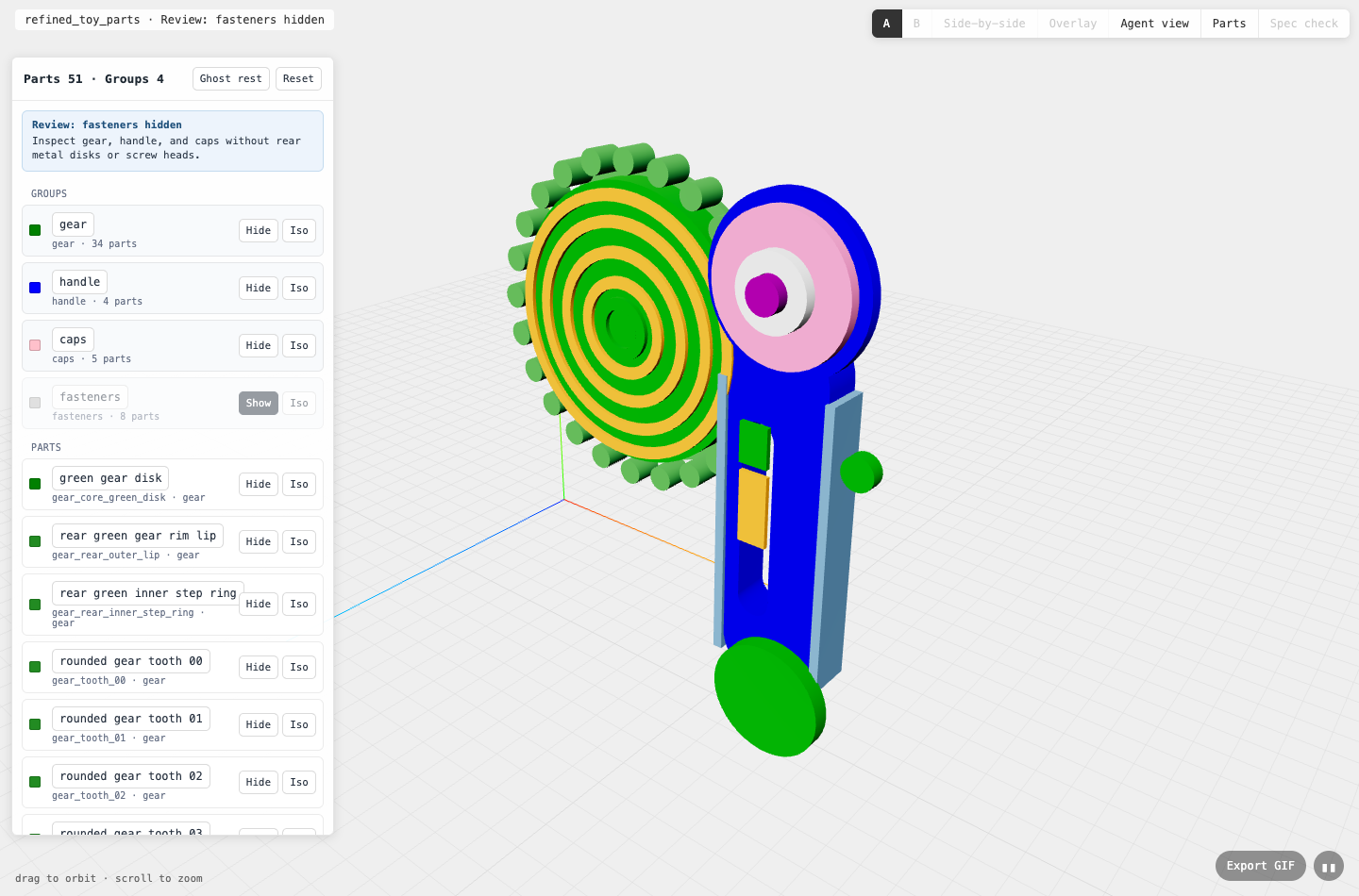 agentcad parts viewer showing group controls, hidden fasteners, and hide and isolate buttons