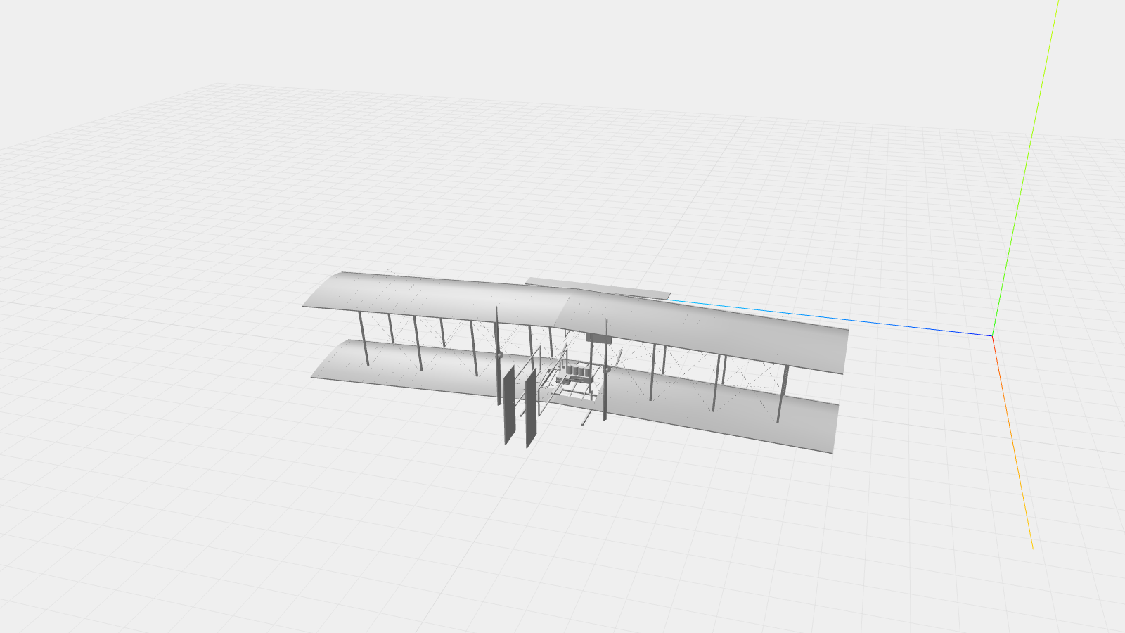 3D render of the 1903 Wright Flyer reconstructed in CAD — a 234-part biplane with fabric covering, twin pusher propellers, forward elevator, and twin rudders, viewed at an isometric angle